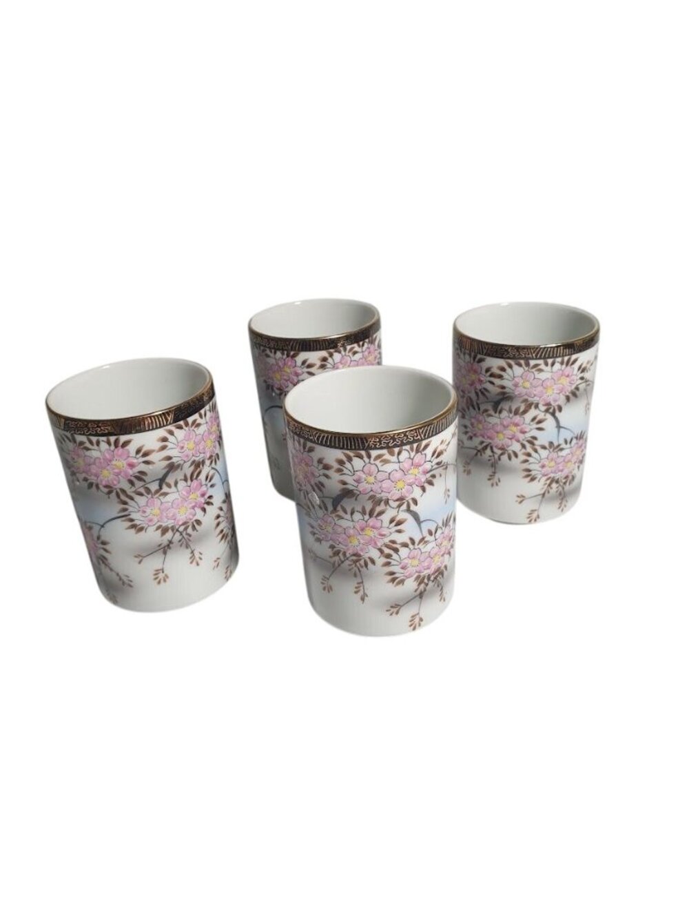 Vintage Hand Painted Sake Tea Cups Gold Rim Cherry Blossom Asian Barware Japan
